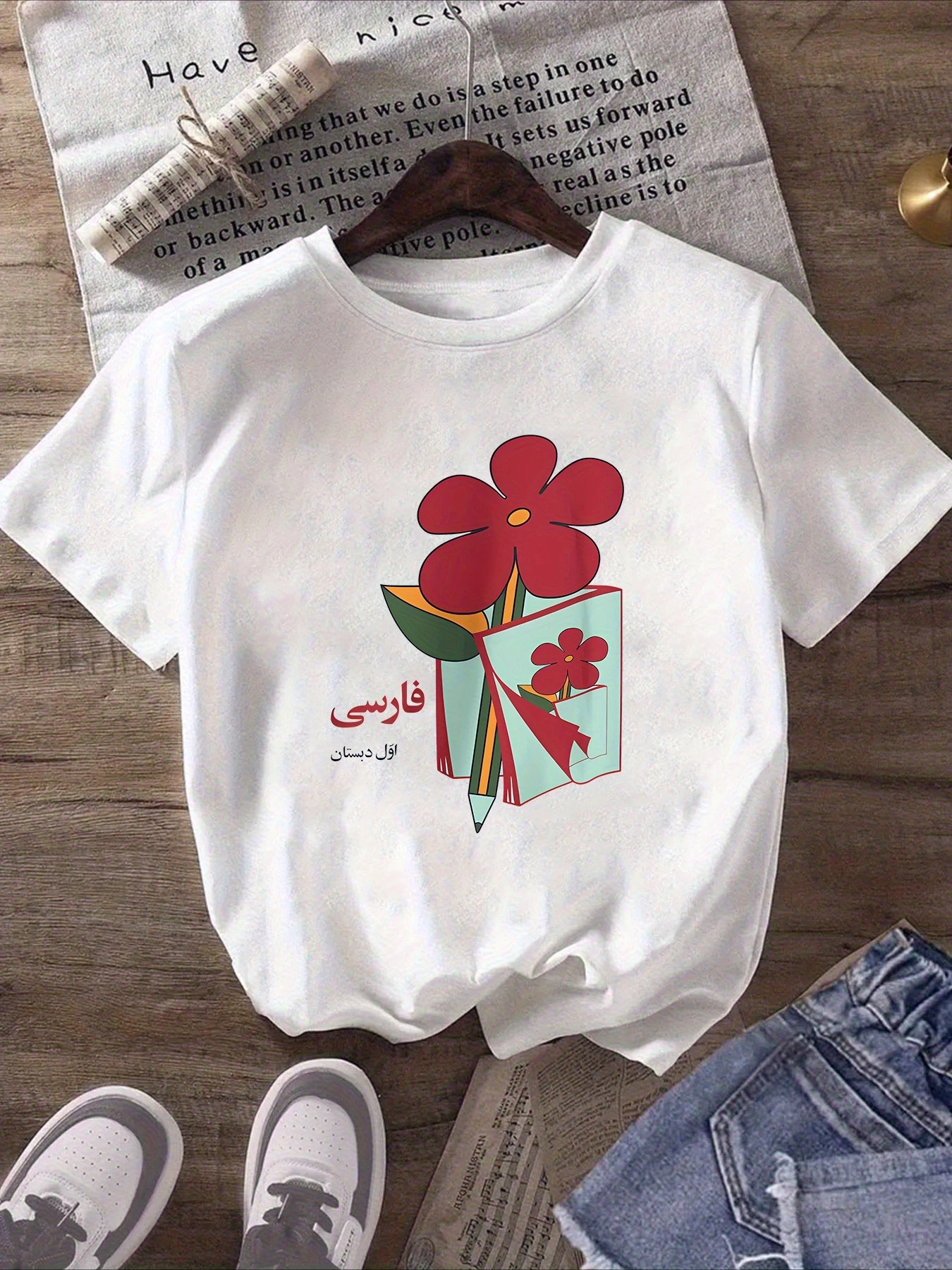 Vibrant Red Floral Arabic Script Printed Women's Casual Short Sleeve Round Neck T-Shirt Regular Fit Top Summer Woman Clothing
