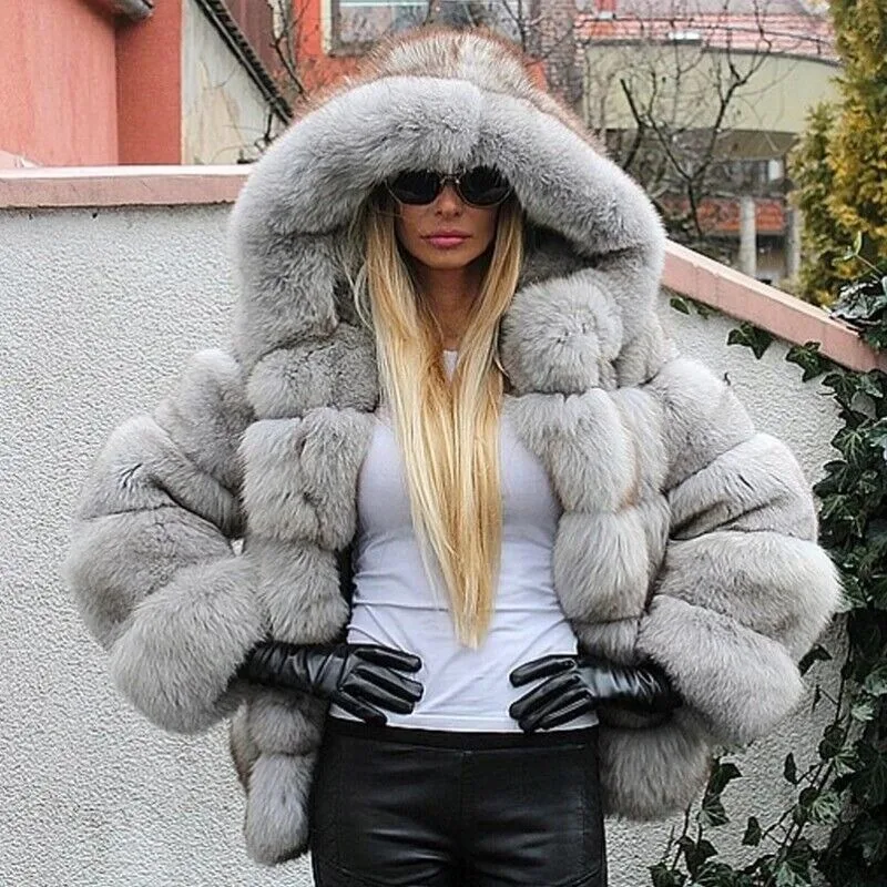Women's Real Fox Fur Coat Natural Genuine Hood Winter Thick Outwear Trend Fashionable Women's Clothing