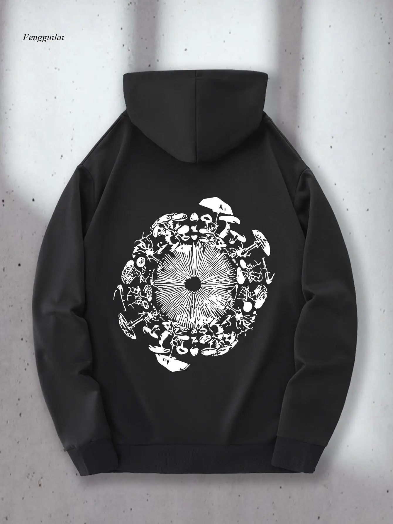 هوديي - سويت شيرت أسود/أبيض بطباعة أمامية وخلفية تشبه الأزهار، بلوفر من القماش الناعم مع غطاء رأس برباط للمناسبات غير الرسمية