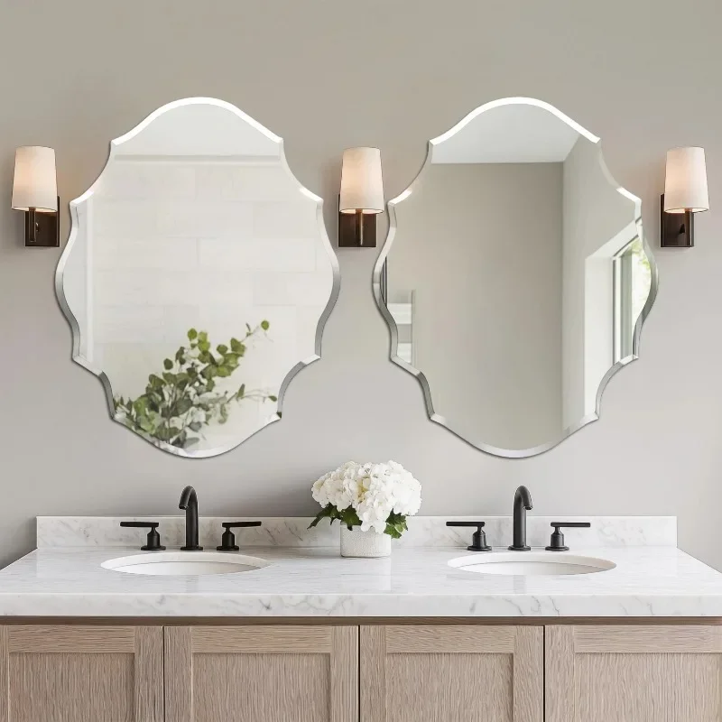 Frameless Scalloped Wall Mirror Decor Scallop Oval Mirror Vanity W Beveled Edge for Bathroom Bedroom Livingroom Diningroom Entry