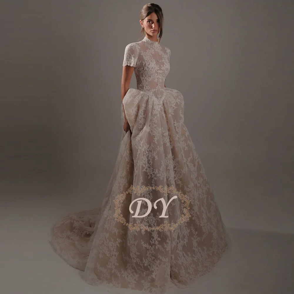 DY Elegant Ivory Lace A-Line Wedding Dress With Champagne Lining High Neck Short Sleeves Bridal Gown Robe De Mariage Customized