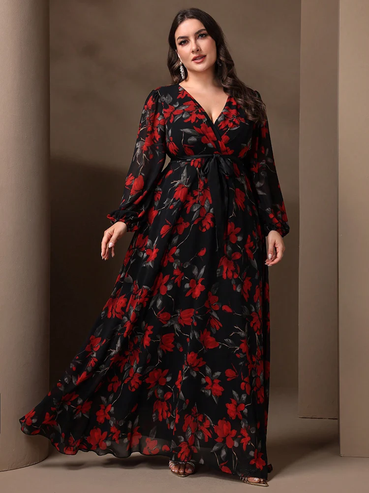 TOLEEN-Elegant Flower Print Lantern Sleeve Dress for Women, Floral Maxi Dresses, Casual Formal Party, Fashion, Plus Size, 2024