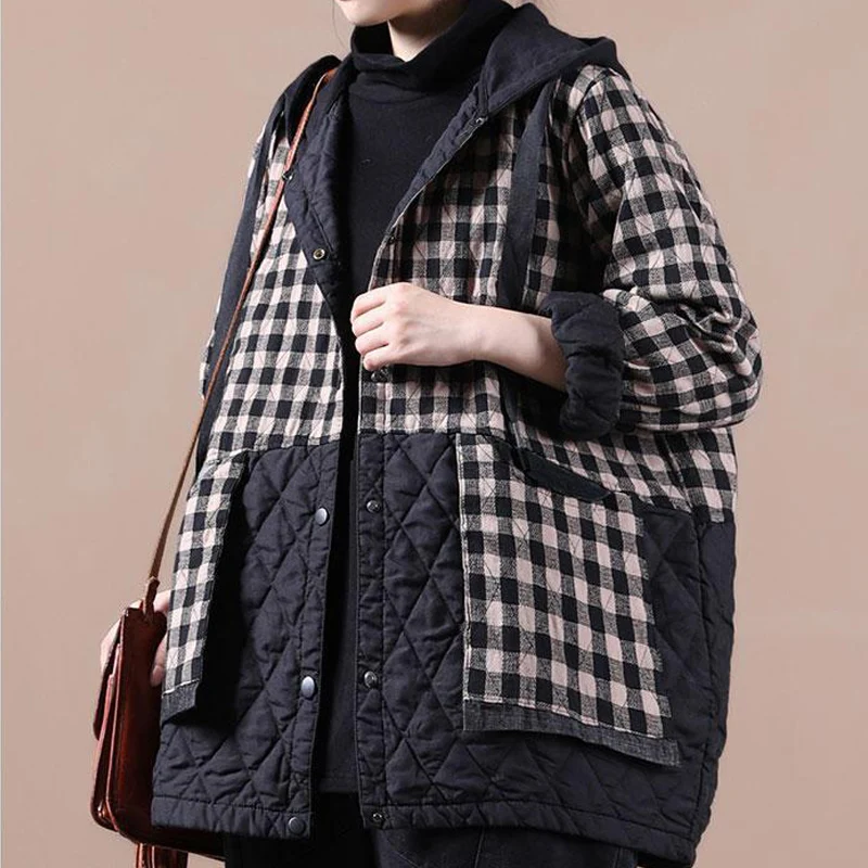 Vintage Plaid Women Parkas 2024 New Autumn Winter Patchwork Hooded Female Cotton-Padded Jackets Quilted Ladies Outwear Coat