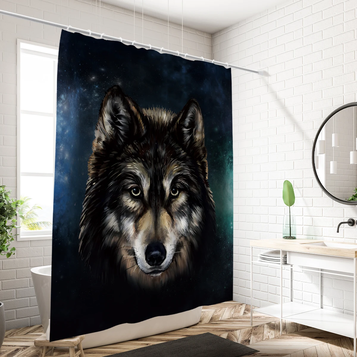 1 piece of 180x180cm starry sky and wolf print shower curtain, partition bathroom waterproof and mildew proof home decoration