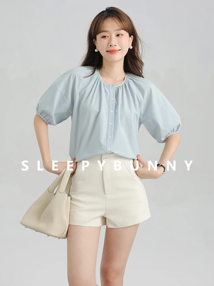 

Elegant Lantern Sleeve Blouse Women Summer Lightweight Round Neck Puff Sleeve Shirt Loose Fit Top for Office Lady Commute Wear