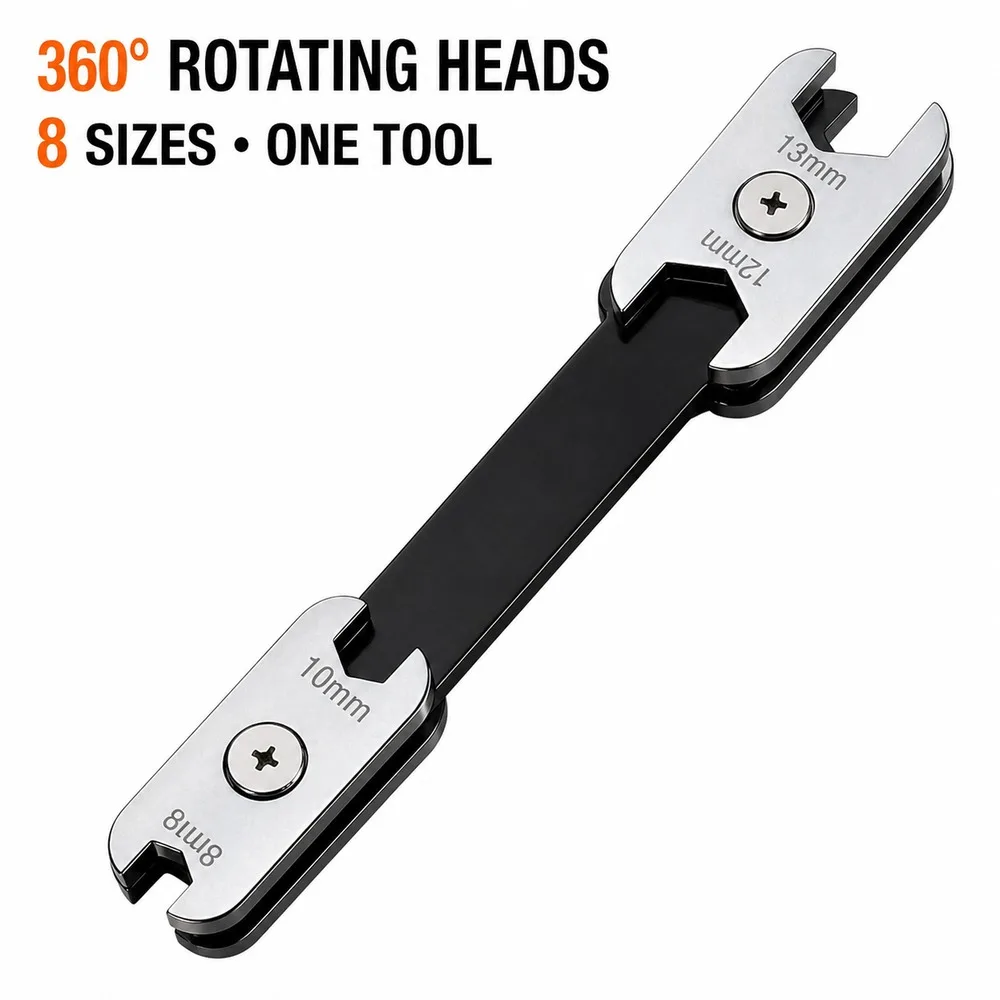 360° Multi-Size Wrench 8 in 1, Thickened Steel Open End and Box End Tool for Car Bicycle Mechanical Repair 8-19mm