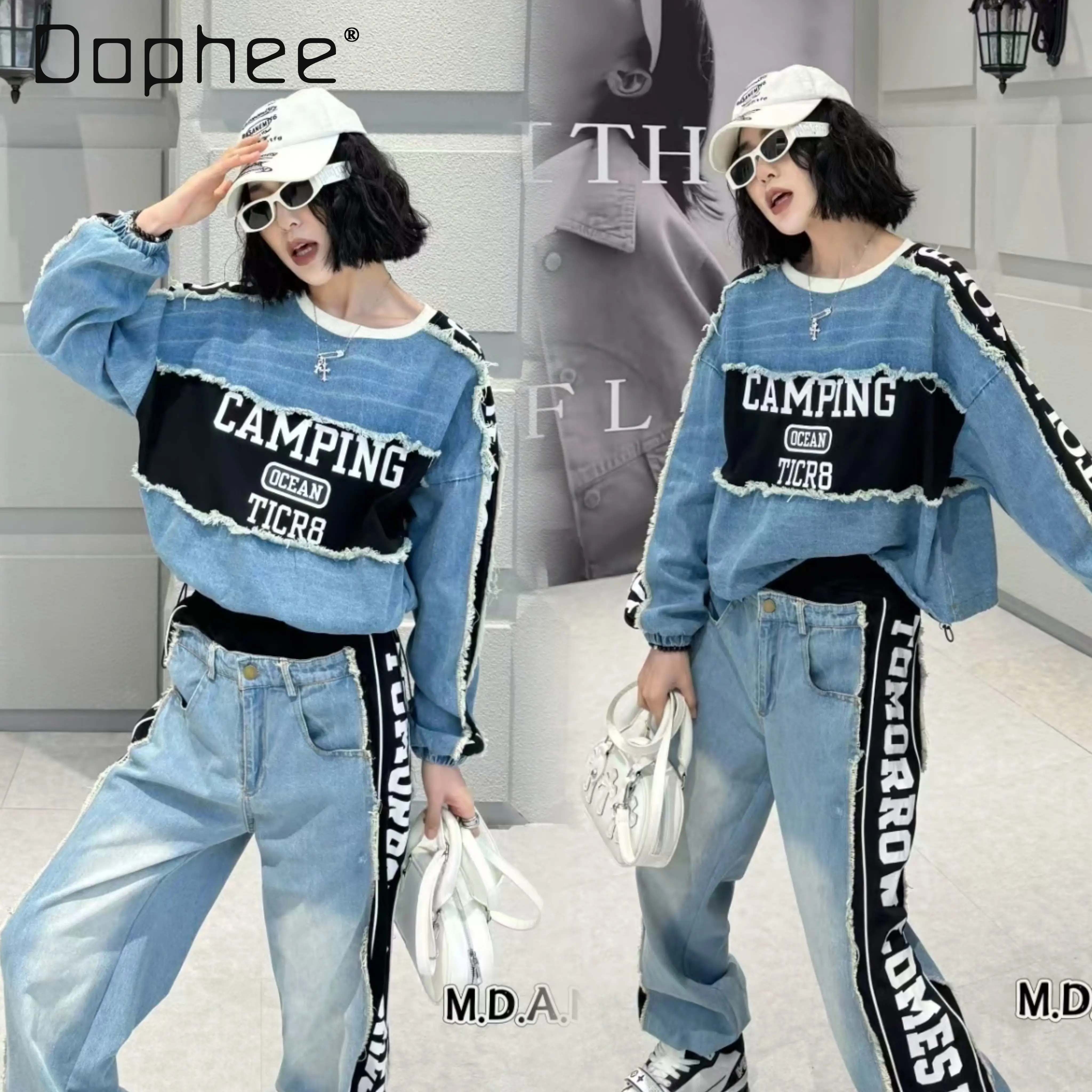 

Spring Autumn Color Block Crew Neck Pullover Sweatshirt and Patchwork Jeans Personalized Casual Two-Piece Sets Women