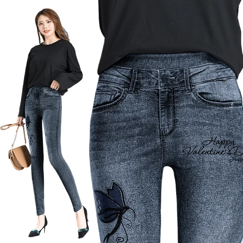 Autumn Winter High Waist Elastic Butterfly Pritned Pencil Pants Faux Denim Leggings Large Elastic Pants Slim and Thin Trousers