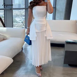 White Tea Length Evening Dress Pleated Satin A Line Luxury Dresses Women 2026 Vestidos de Noche Wed Party فساتين سهرة Customized