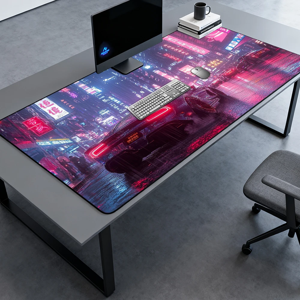 Cyberpunk Desk Mat Extra Large Gaming Office 140x60 Cityscape Mousepad Rain Neon Night Street Car Accessories 1200x600