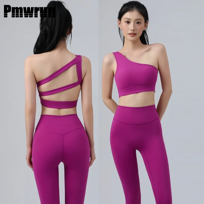 

PMWRUN 2-х предметный комплект для йоги для женщин, бюстгальтер на одно плечо, леггинсы с вырезом на спине, мягкая эластичная одежда для тренажерного зала, йоги, пилатеса, танцев, тренировок