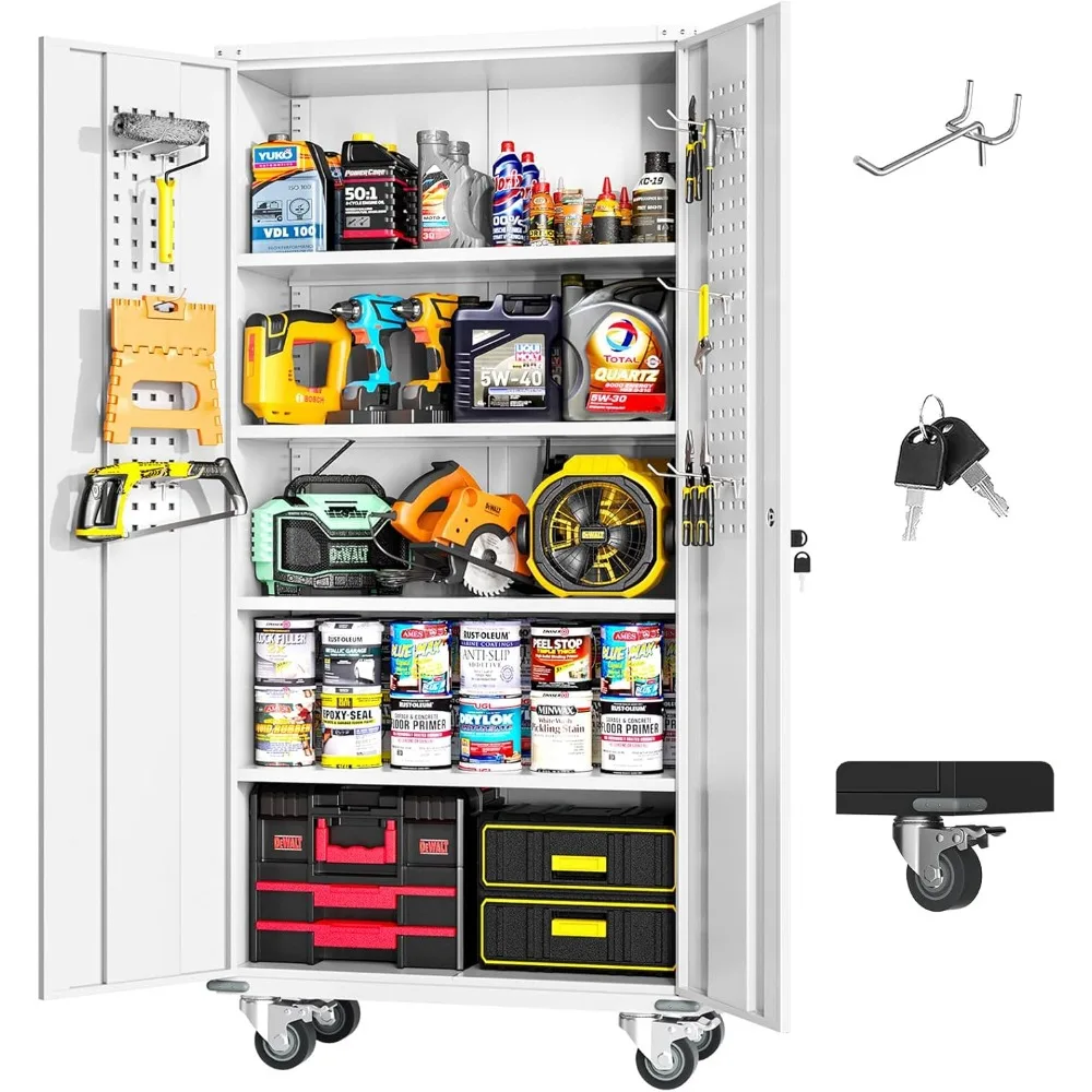 

White Metal Storage Cabinet with Wheels, 75" Steel Garage Rolling Cabinet with Doors and 4 Shelves, Tall Locking Cabinets Tool