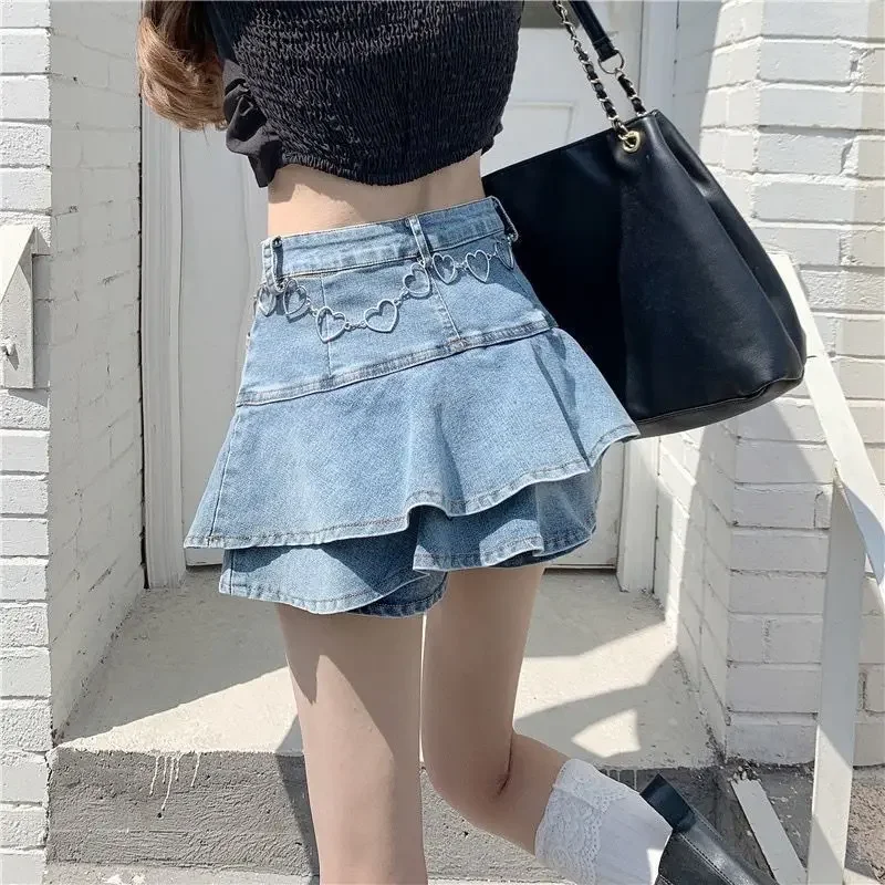 Denim Half-length Skirt Women Summer New cute Kawaii Ruffled Pleated Skirt E-girl High Waist Mini Skirt A-line Skirt Y2k Skirt