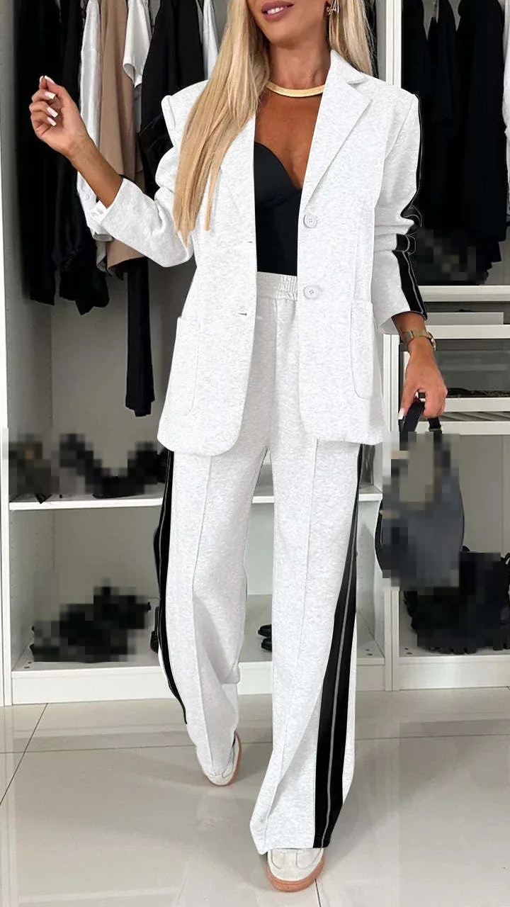 2 Piece Set Women\'s Office Winter Autumn Fashion V Neck Long Sleeve Striped Blazer Elegant Straight Pants Suit Sportswear