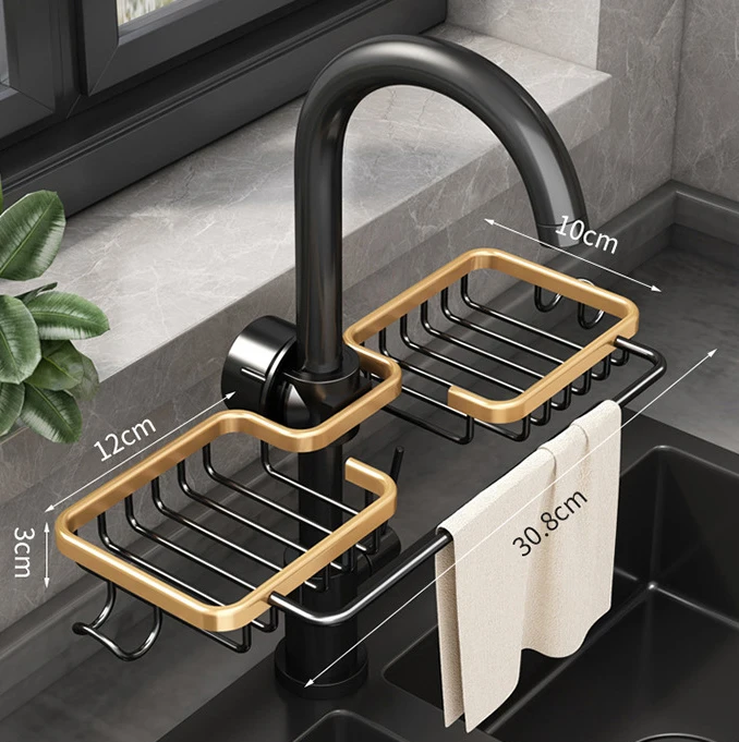 Wasserhahn Abtropfgestell für Waschbecken Set Luxus Küchenartikel Organizer Badezimmer Neu Schwarz Gold Edelstahl Rack Lagerregal – Detail 1