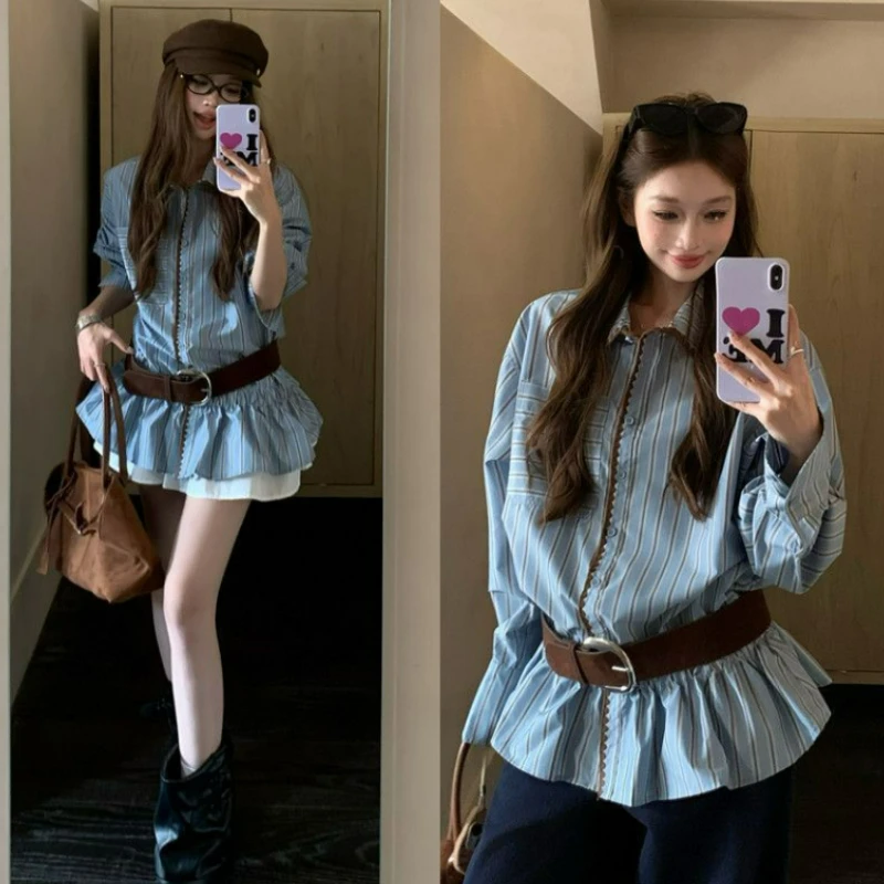 

Wear Is Loose Versatile Niche Blue Long-sleeved Shirt The 2026 Autumn New American Retro Color-blocking Striped Shirt for Women