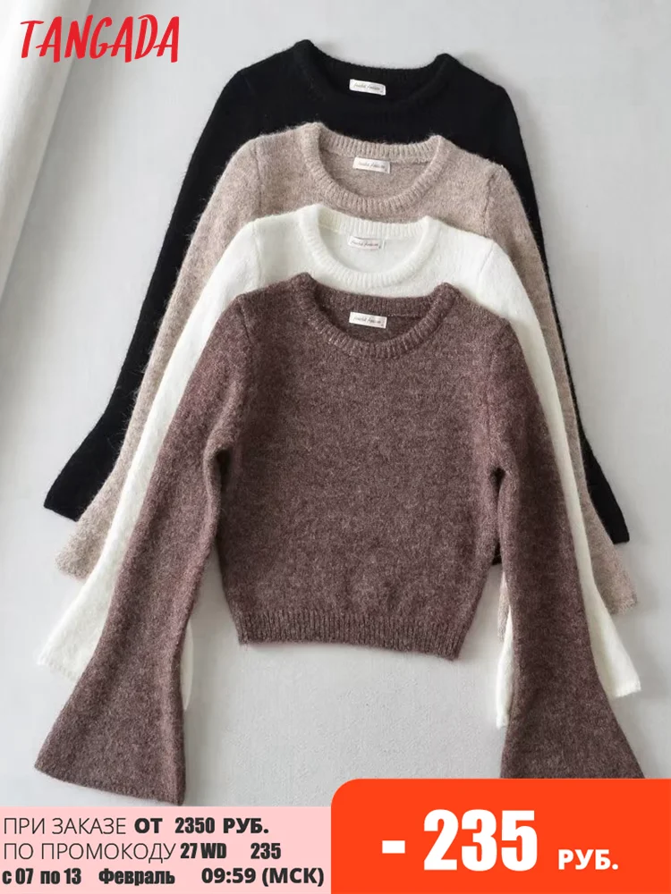 Tangada Women Thick Solid Knit Sweater Flare Long Sleeve Female Cropped Jumper 2T51