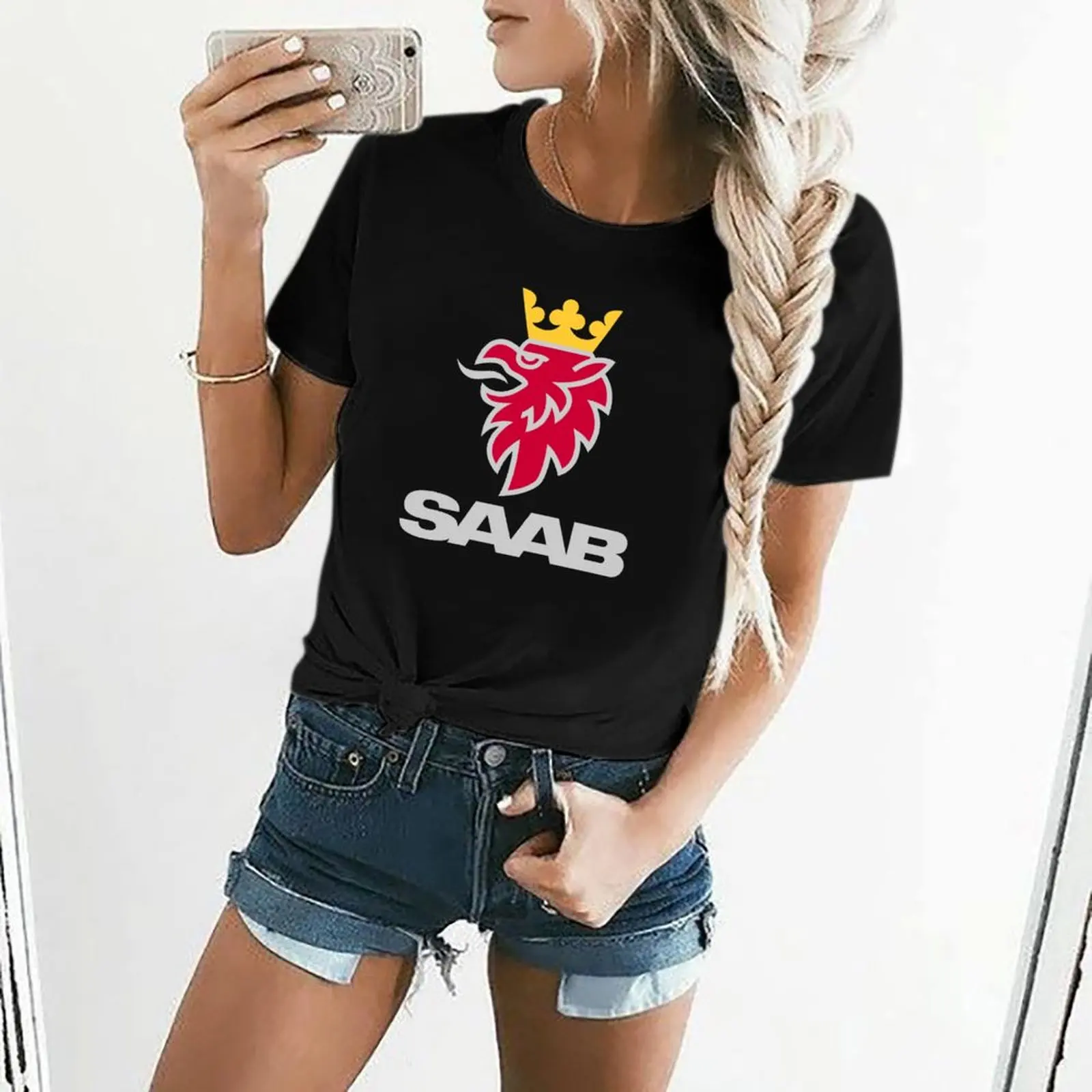 Saab เสื้อยืดผู้หญิงไซส์ใหญ่พิเศษสินค้าโลโก้