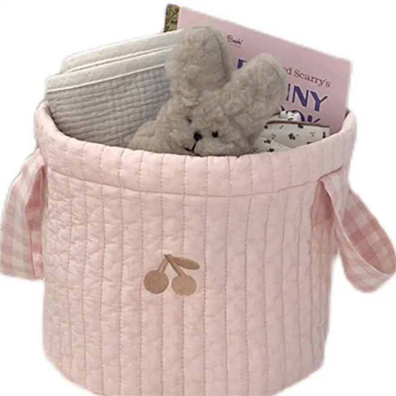 Cesta de almacenamiento de cereza rosa con nombre personalizado, bolsa de almacenamiento bordada para bebé, cesta de almacenamiento de ropa, Cubo de almacenamiento de juguetes para niños