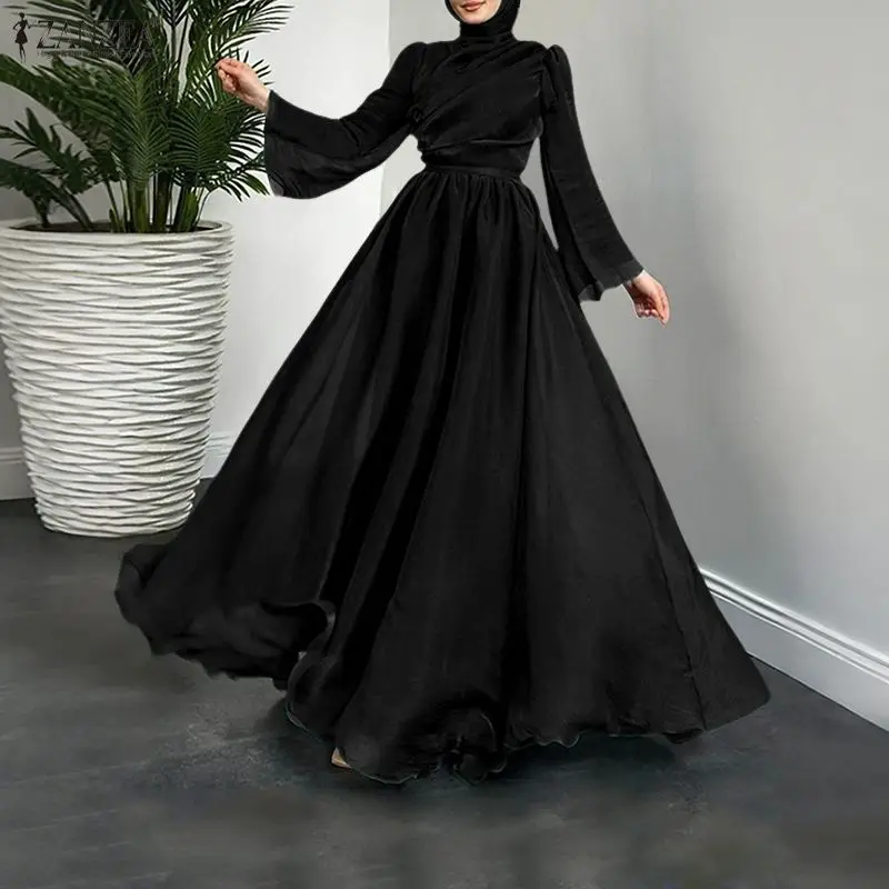 

Fashion Muslim Abaya 2026 ZANZEA Women Stand Neck Long Sleeve Pleated Sundress Solid Belted Robe Dubai Hijab Dresses Oversize