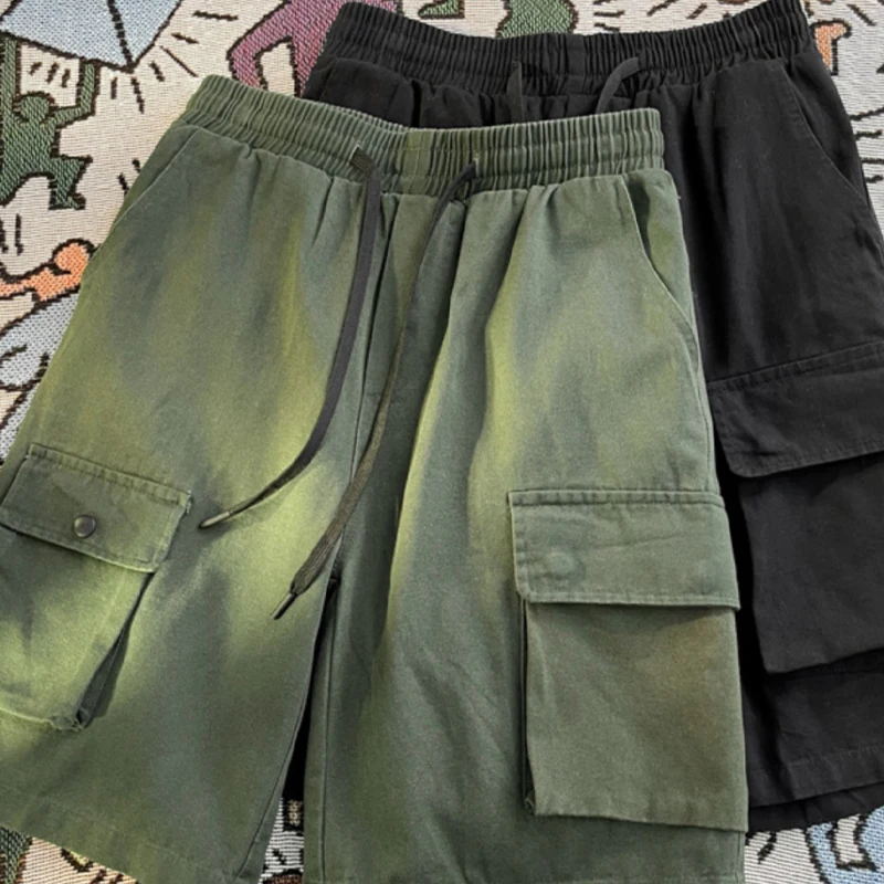 

Мужская рабочая одежда, шорты, летние новые американские повседневные свободные брюки в стиле ретро с завязками, однотонные брюки до колена, модные универсальные брюки с карманами