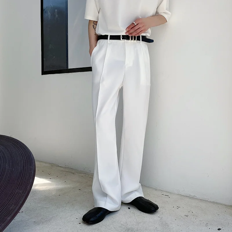 White Drapey Casual Pants Men's Straight Leg Loose Wide Leg Trendy Hong Kong Style Hairdresser Fall Style Comfortable Leisure...