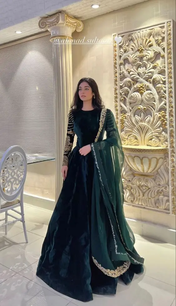 Customized  Anarkali Kurti Hunter Green Velvet Prom Dresses with Warp Muslim Long Sleeve Lace Shaadisaga Caftan Kaftan Arabic