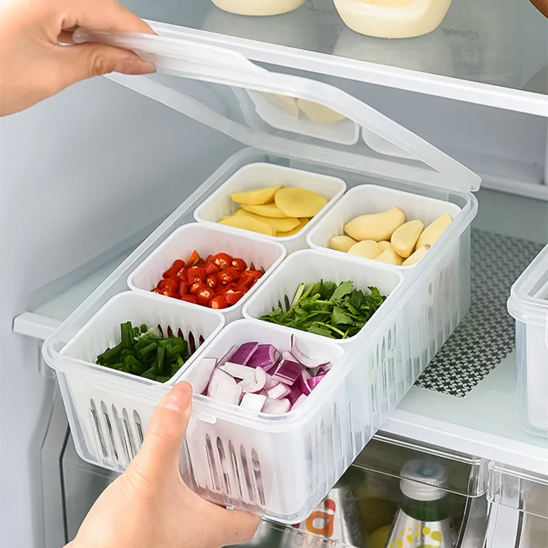 Six Grid Refrigerator Crisper Storage Containers Fridge Fresh Vegetable Fruit Boxes Drain Basket Kitchen Organizer Tools