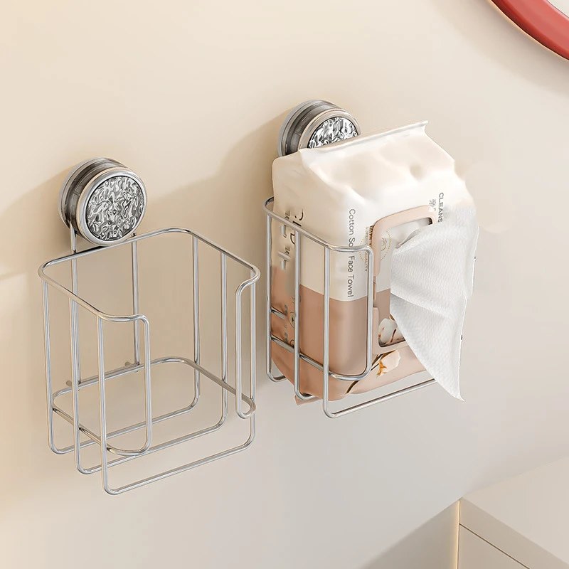 1pc Wall-Mounted Suction Cup Tissue Storage Rack Punch Free Waterproof Face Towel Wet Wipes Holder Bathroom Organizer