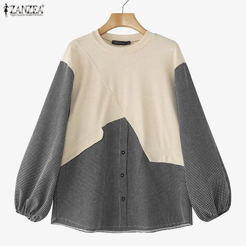 

ZANZEA 2025 Stylish Women Autumn Long Sleeve Patchwork Blouses Pullover Casual O Neck Work Tops Elegant Plaid Shirt Oversize