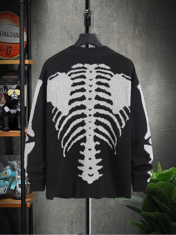 เสื้อคาร์ดิแกนลายโครงกระดูกสำหรับผู้ชาย เสื้อคลุมแขนยาวสไตล์โกธิคแบบถักสำหรับทุกเพศ