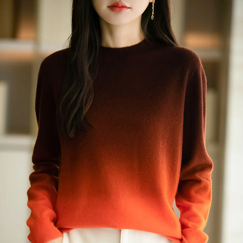 

Sweater Women's Casual Knitted Pullover Autumn/Winter Soft and Warm Hot Gradient Color Long-Sleeves Basic Half High Collar Tops