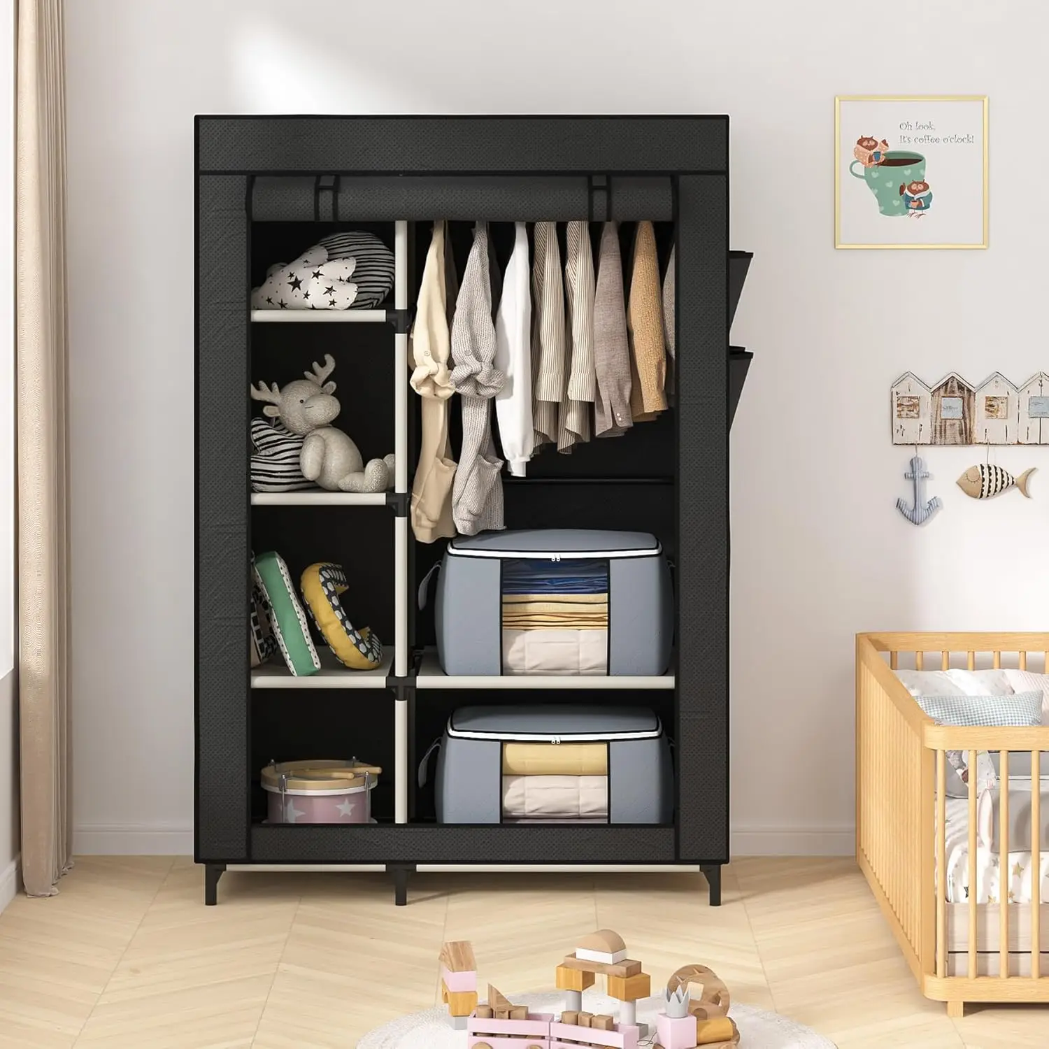 Wardrobe with 6 Shelves and Hanging Rod Storage Organizer NonWoven Fabric Cover with 4 Side Pockets includes 2 StorageBags Black image 2