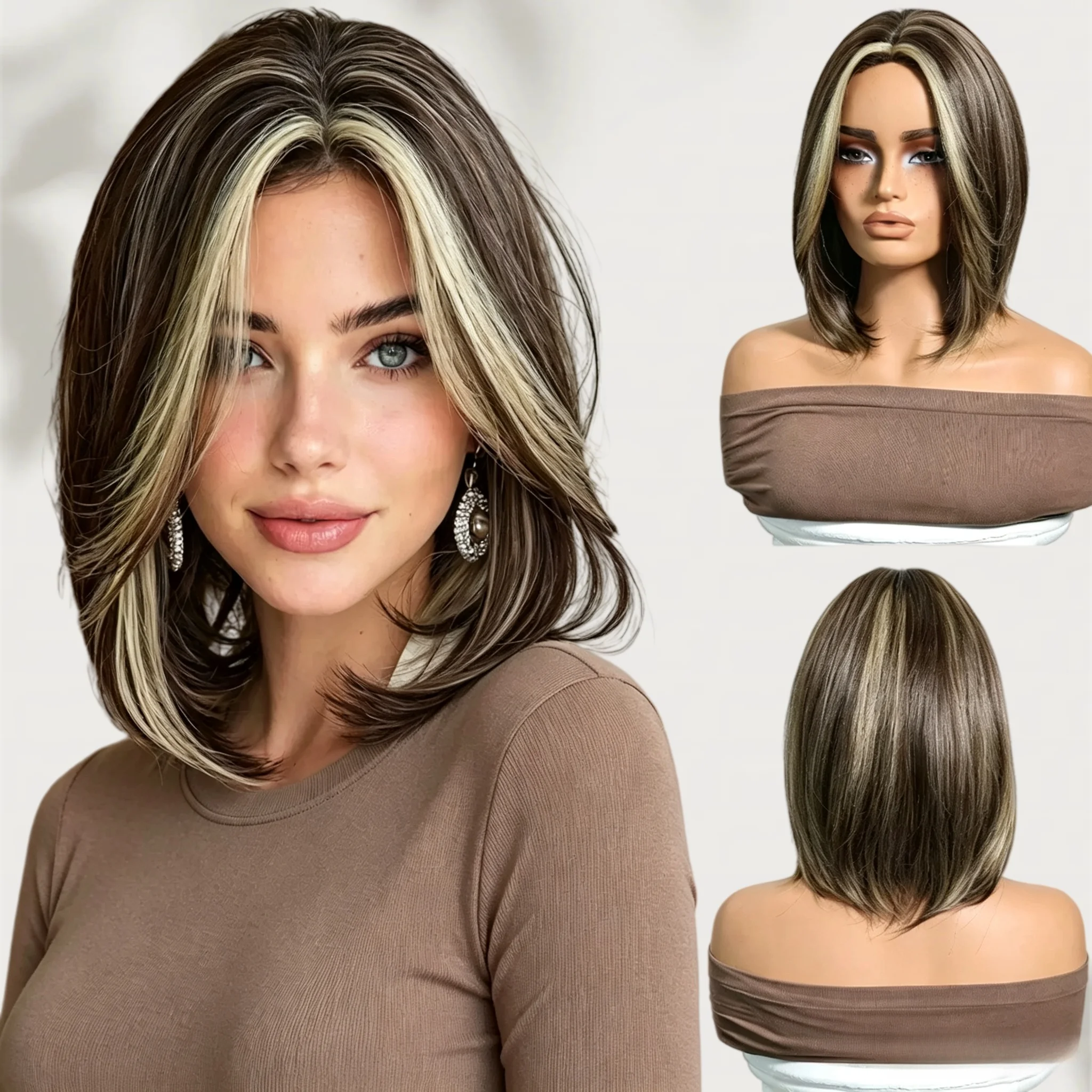 Synthetic Bob Wig for Women Short Straight Middle Part Heat Resistant Natural Looking Daily Summer Wig