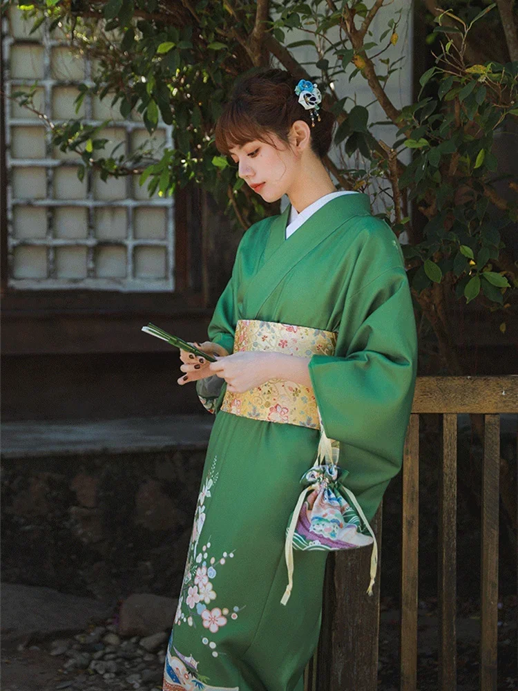 Japan Stijl Vrouwen Traditionele Kimono Groene Kleur Bloemenprints Formele Jurk Vintage Fotografie Dragen Cosplay Kostuum