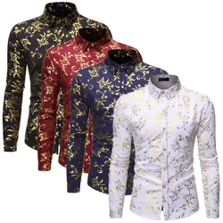 New Men Gold Stamp Printed Loose Shirt Black / White / Wine Red Fashion Male Business Social Casual Lapel Tops