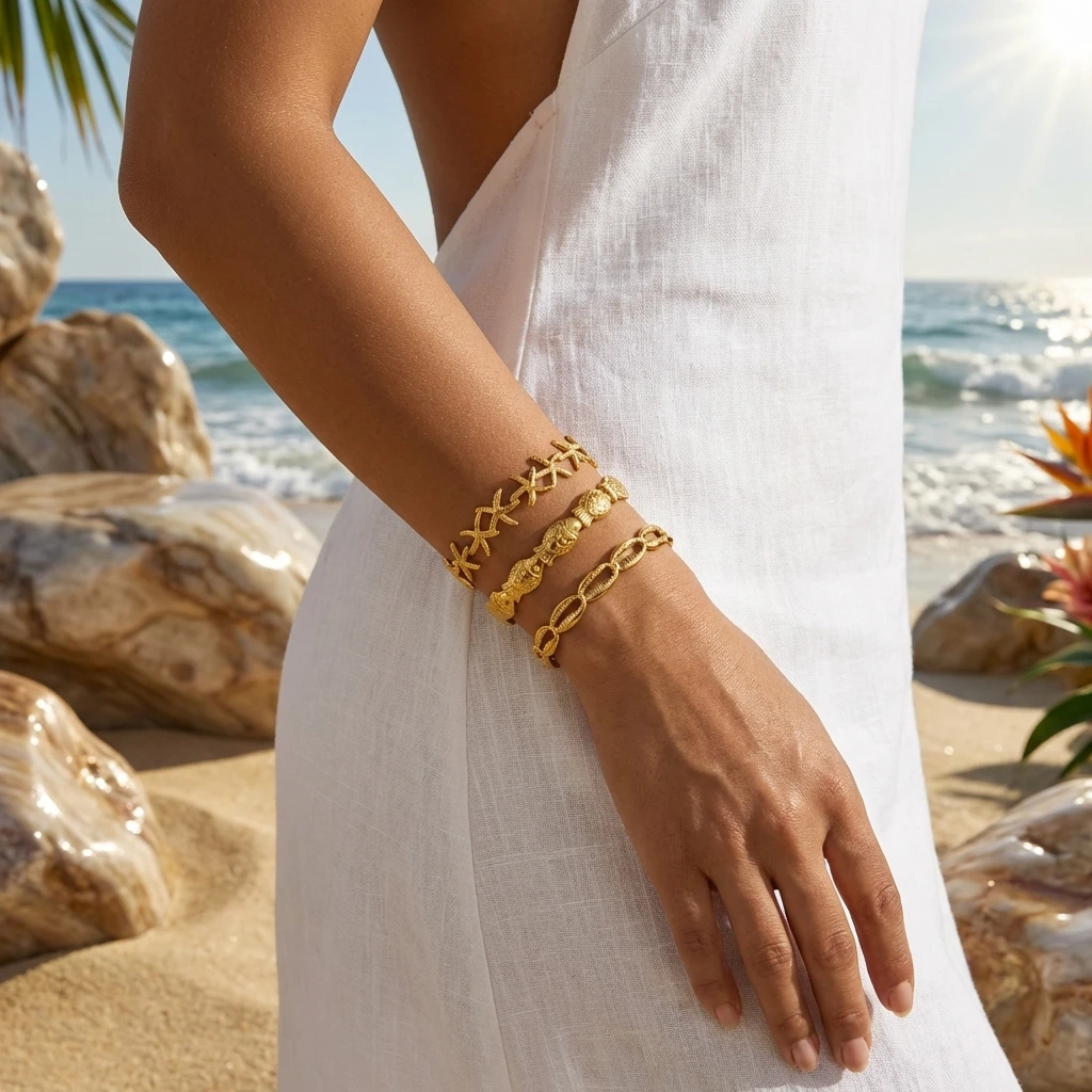 Summer Ocean Style Fish Shell Starfish Cuff Open Bangle for Women Gold Color Stainless Steel Bracelet Aesthetic Party Jewelry - view 2