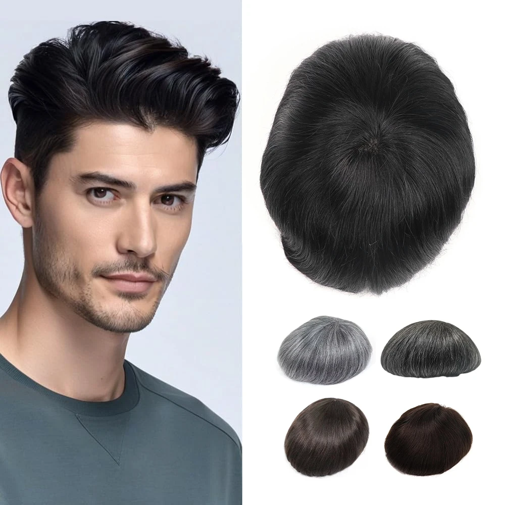

【TIMIA】Men's Wig Straight Human Hair Skin Full-PU Material 8x10inch 130% Densit Soft Brown Black 0.1mm Toupee