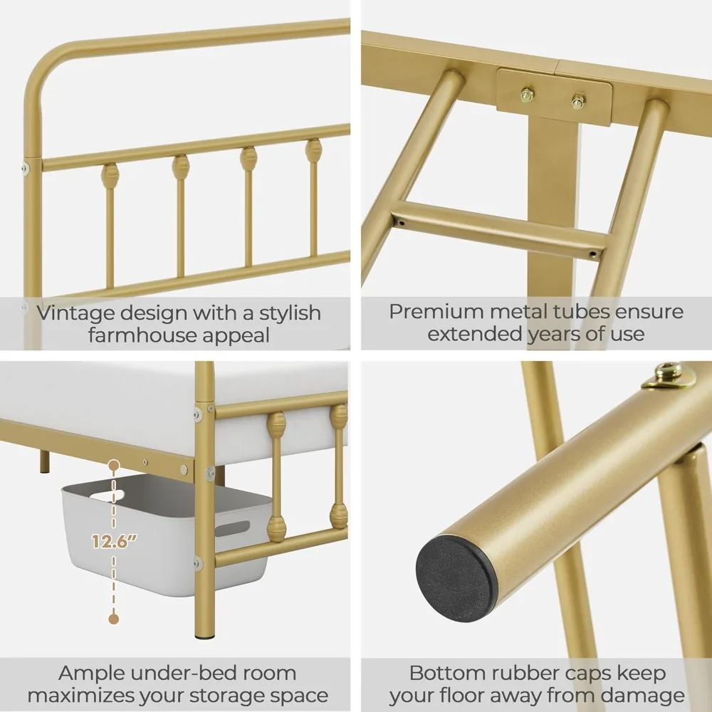 إطار سرير بمنصة معدنية على الطراز الفيكتوري مع لوح رأسي فني حديدي ولوح قدم وتخزين تحت السرير