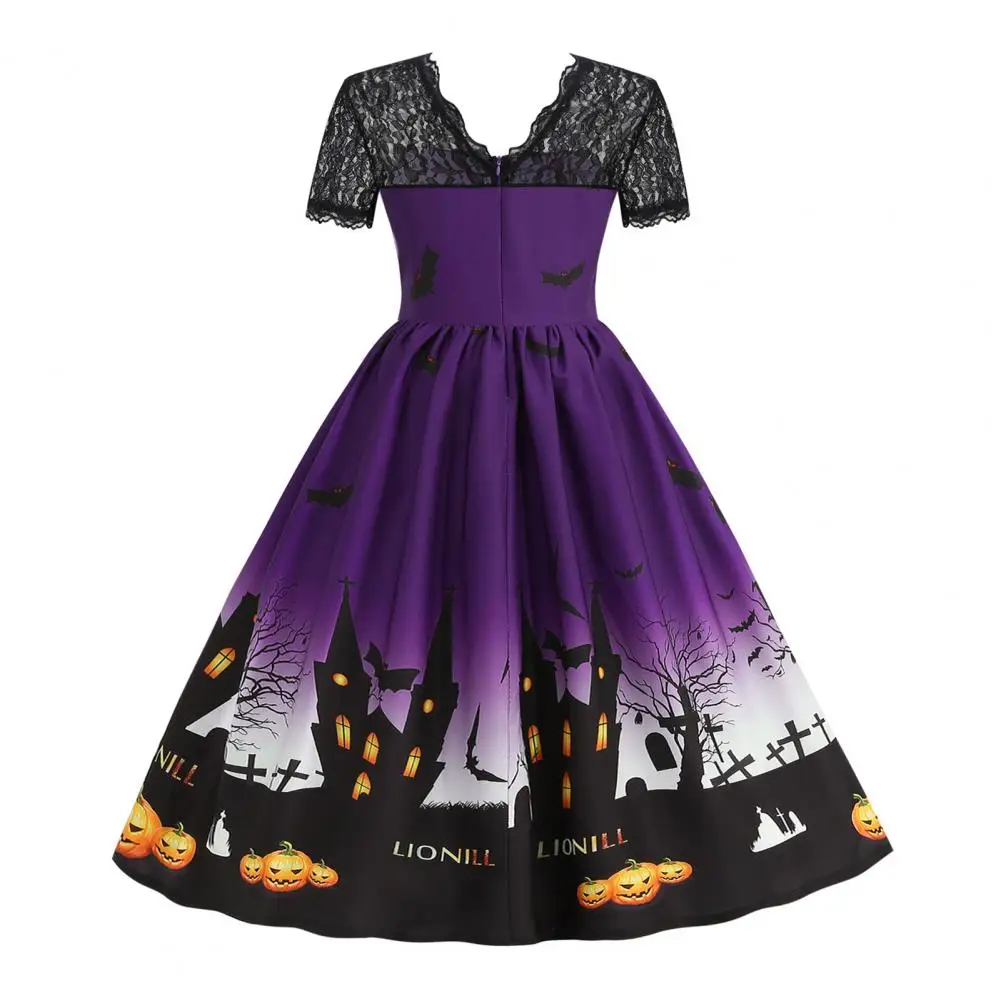 Big Swing Party Dress Elegant Lace Halloween Party Dress with Bat Print Retro A-line Style Big Hem for Cosplay Haunted House