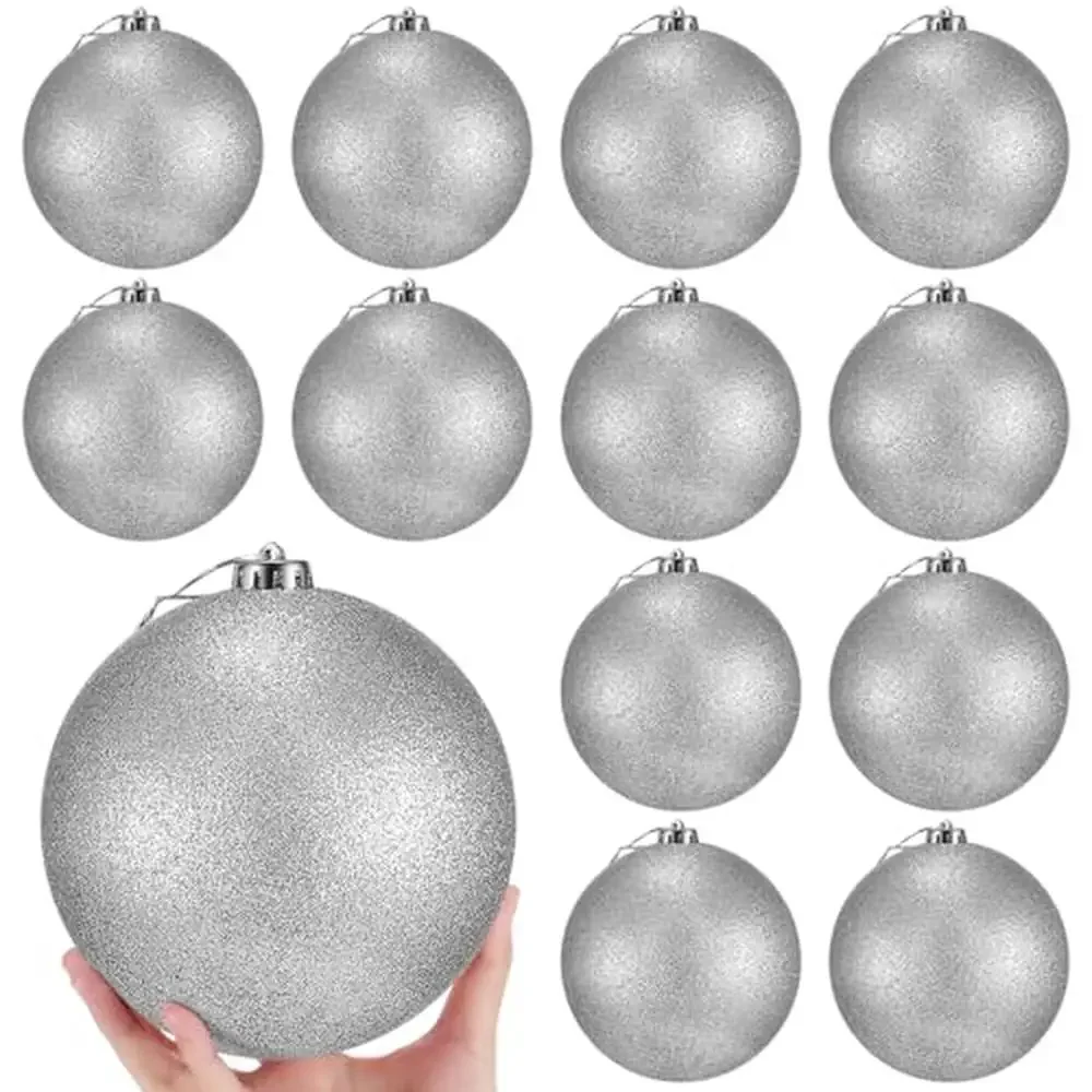 

6" Silver Glitter Christmas Tree Ornaments Set 12 Pack Shatterproof Xmas Balls Decorations with Hanging Loop Festive Holiday