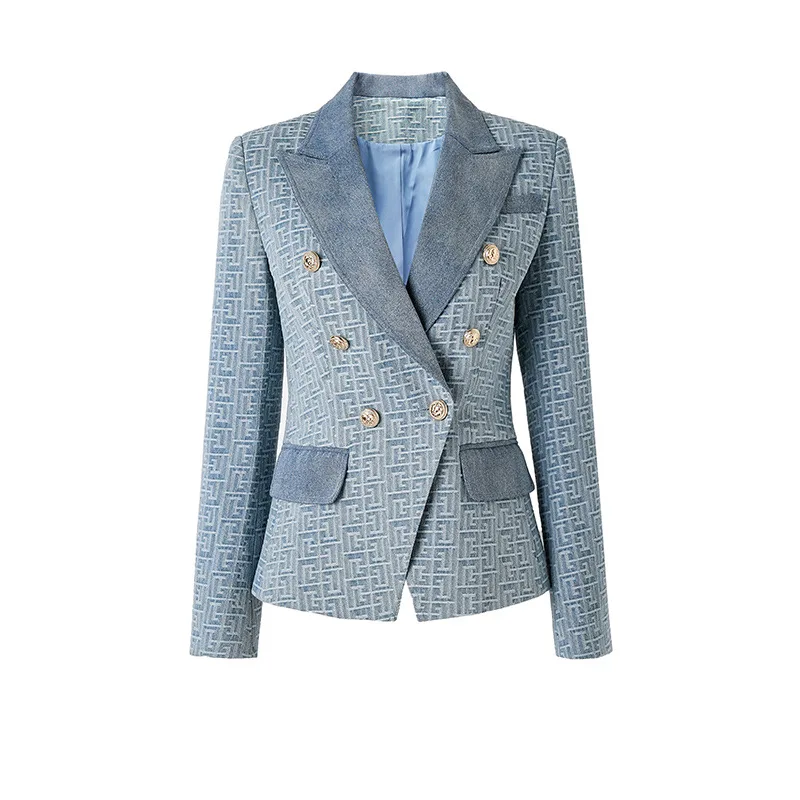 European Style Cool Denim Patchwork Lady Office  Double-breasted Long Sleeve Jacquard Coat Women Slim Fit Blazer