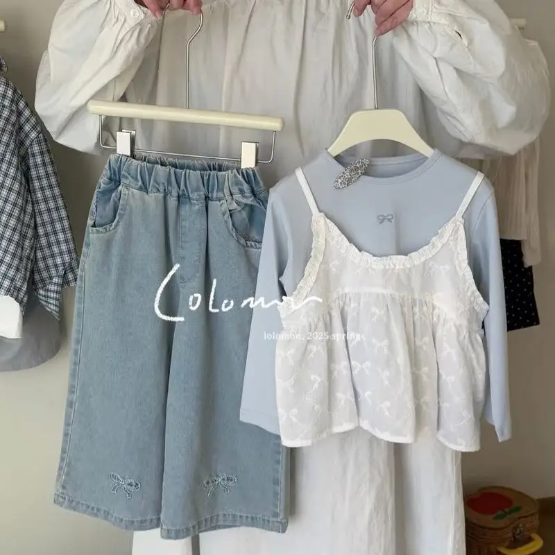 Girls Spring Set 2026 Children Sweet Strap Top Cotton T-shirt Embroidered Jeans for Children Three Piece Set