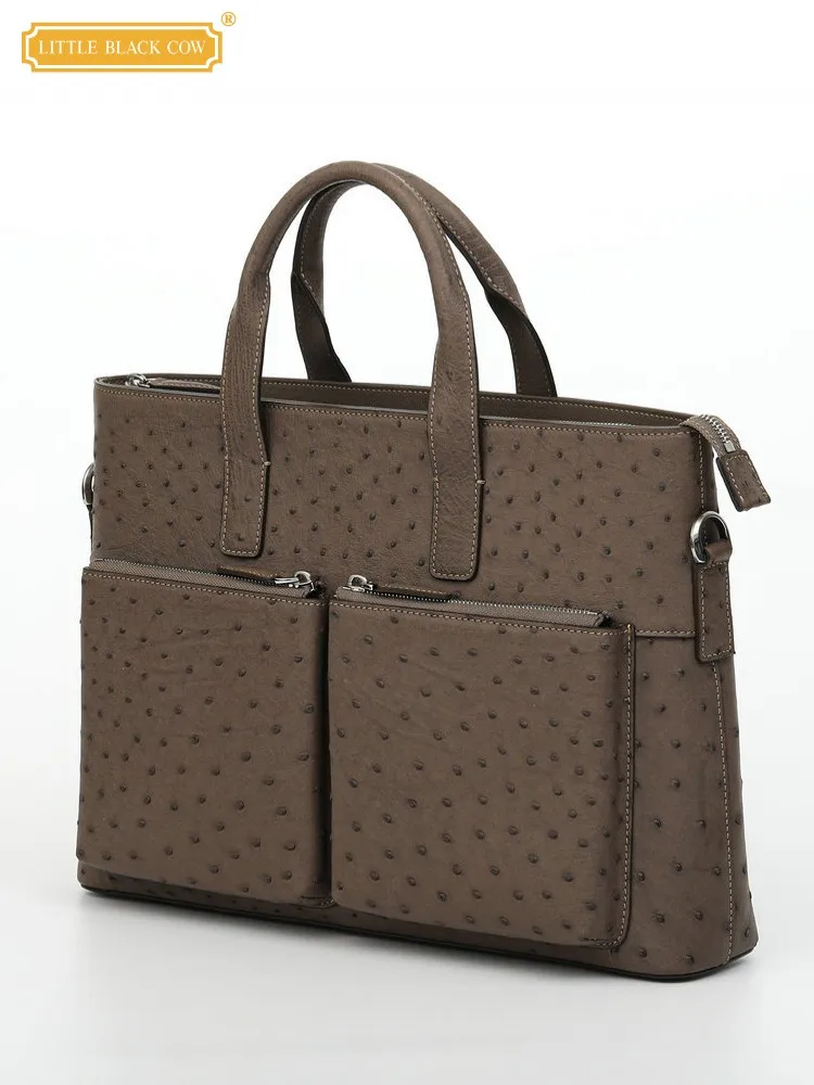 

New Men Multi Pockets Ostrich Leather Genuine Leather Travel Bag Business Casual Underarm Crossbody Single Shoulder Tote Handbag