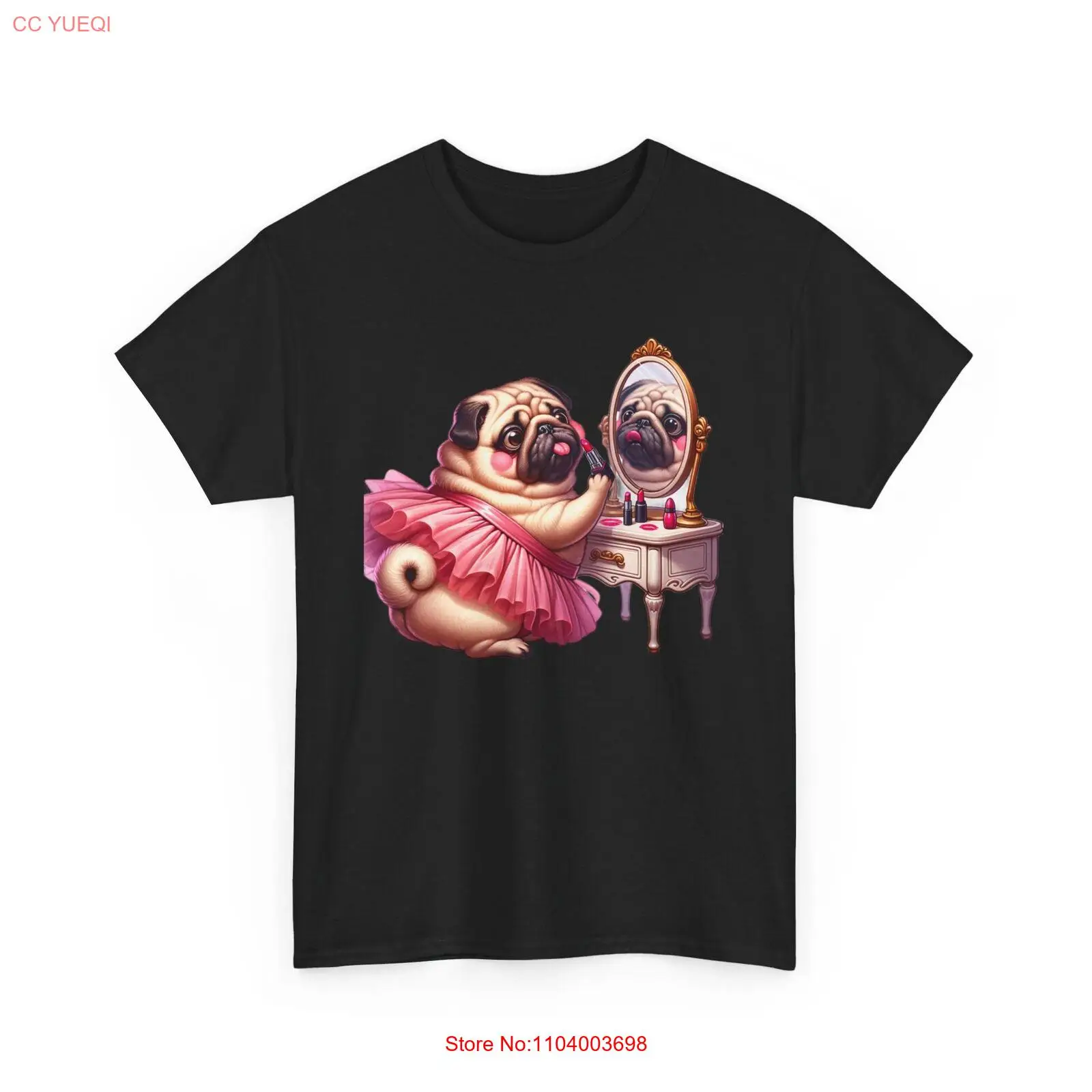 Cute Funny Unisex Adult T Shirt Chubby Pug Dog Putting on Make Up Vanity Boudoir