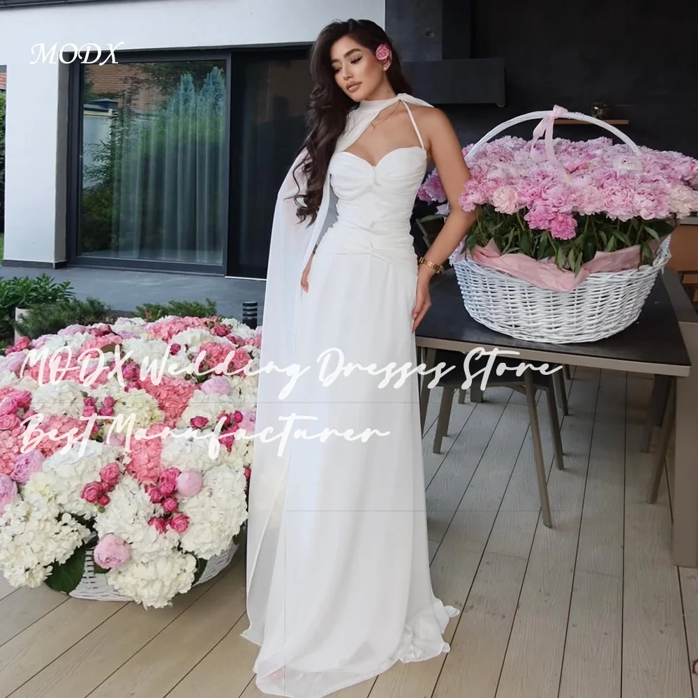 MODX Romantic Ivory Wedding Dress Halter Neck Pleated Bodice Chiffon A-Line Silhouette Side Draped Floor Length Bridal Gown