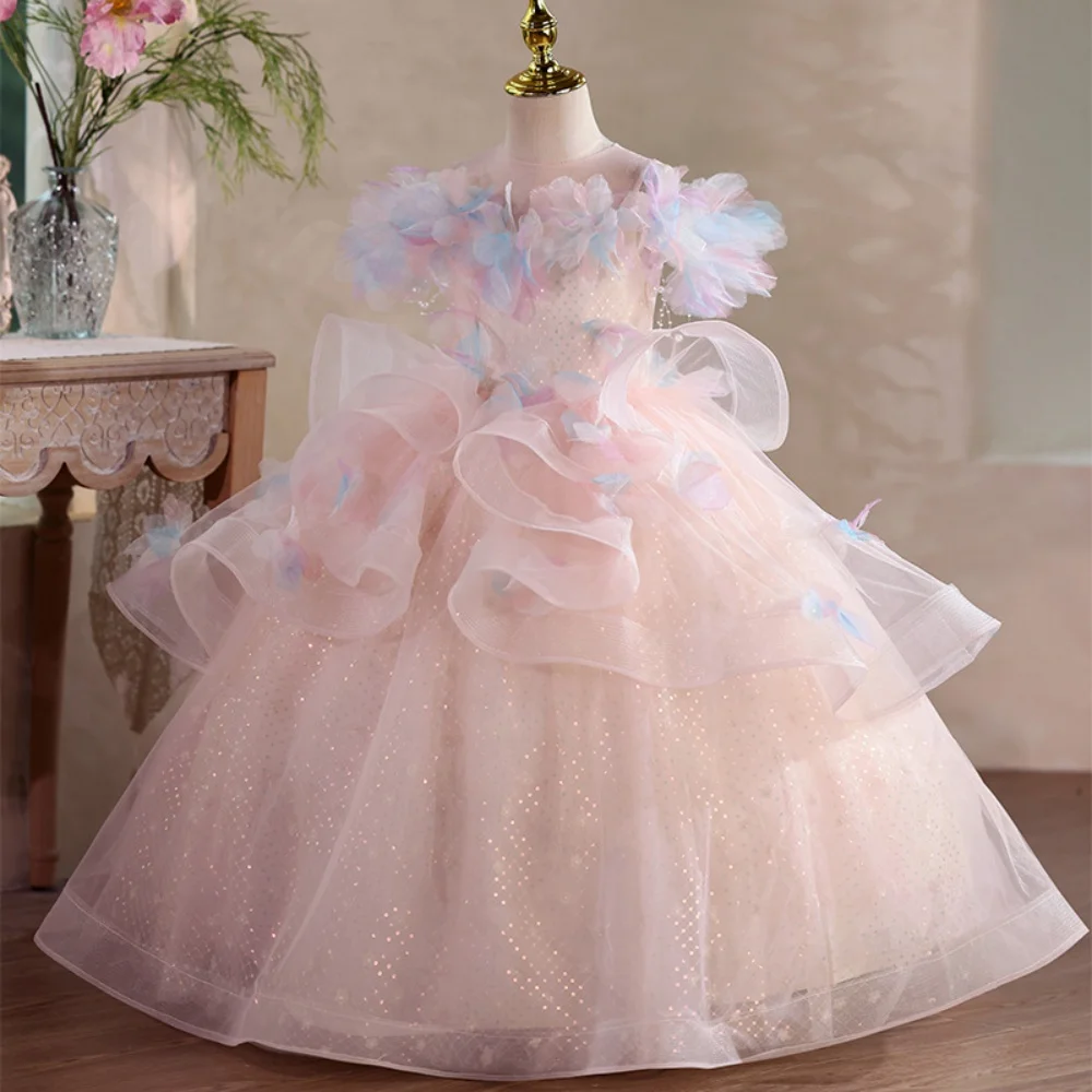 New Pink 3D Flower Girls Pageant Dress Sparkly Sequin Tulle Ball Gown Off Shoulder Kids Princess Birthday Wedding Party Wear