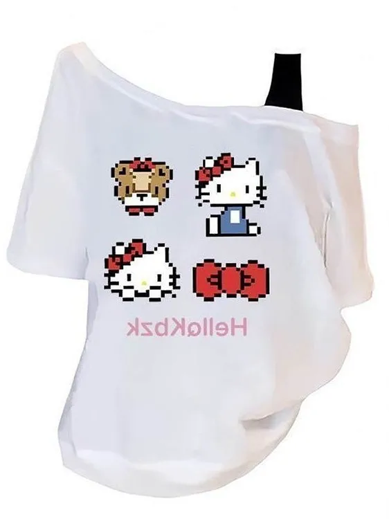 تي شيرت نسائي أمريكي بتصميم عتيق مكشوف الكتفين مع رسومات كرتونية لطيفة وأكمام قصيرة وتصميم فضفاض، موديل صيفي جديد مريح وقابل ...