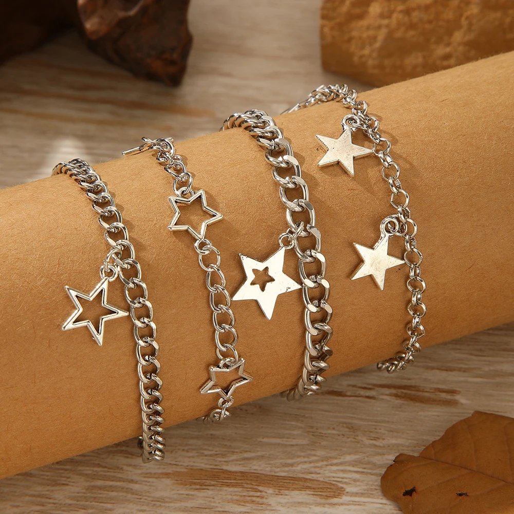 4Pcs Y2K Punk Hollow Star Pendant Bracelet Set for Women Men Trendy Metal Stackable Bracelets Wrist Jewelry Gift Party