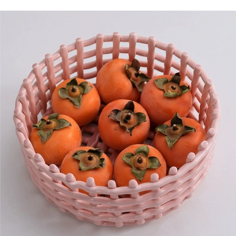 Round Ceramic Fruit Plate Woven Storage Basket Snack Candy Ornaments Nordic Home Kitchen Drain and Vegetable